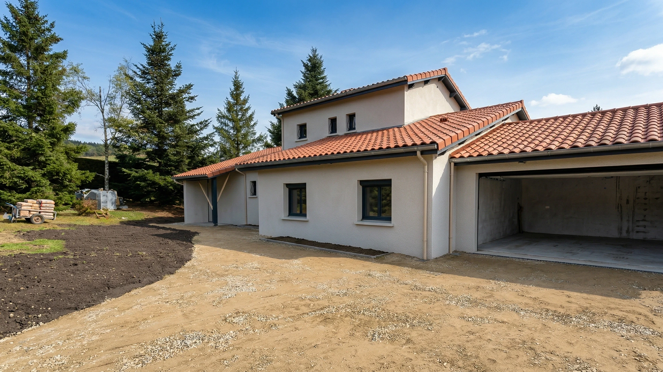 Chantier de construction résidentielle en cours avec ouvriers travaillant sur structure mixte béton et bois